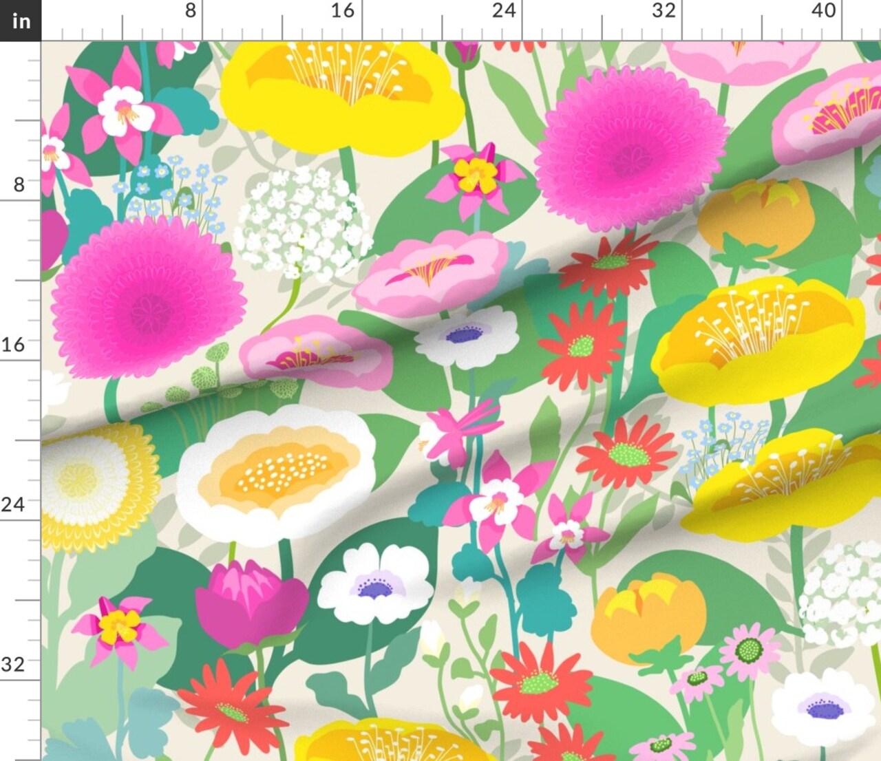 Floral Scandi Scandinavian Retro Large Scale Jumbo Anemone Peony Dahlia Wildflowers Custom Printed Fabric by Spoonflower Various Fabrics by the Yard or Fat Quarter